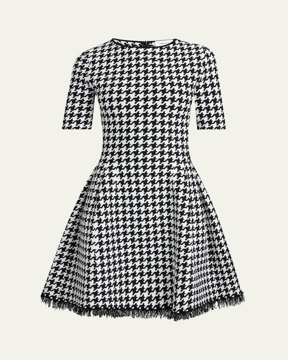 Houndstooth Fit-Flare Fringe Knit Mini Dress